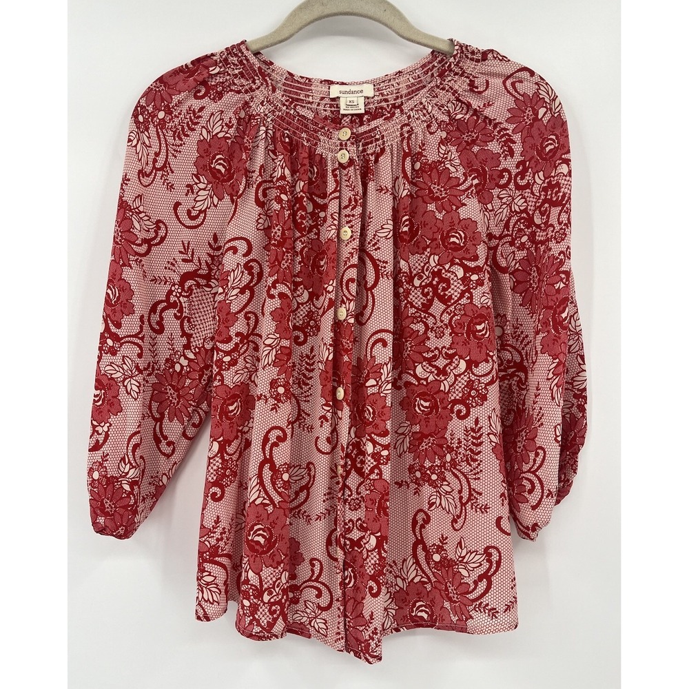 Sundance Blouse Silk 3/4 Balloon Sleeve Red Floral Boho Size XS